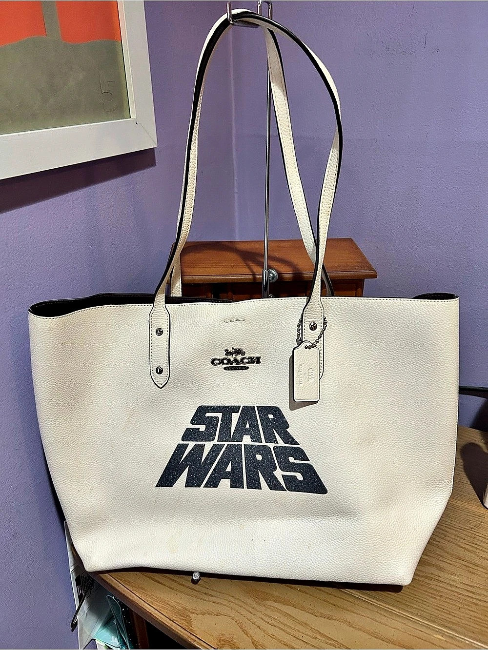 Coach Star Wars x Coach Town Tote Glitter Logo Town Tote Leather White